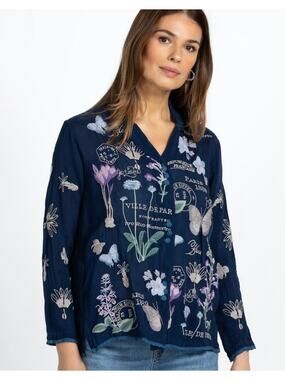 Johnny Was Mariposa Blouse Embroidered Boho Floral Botanical French